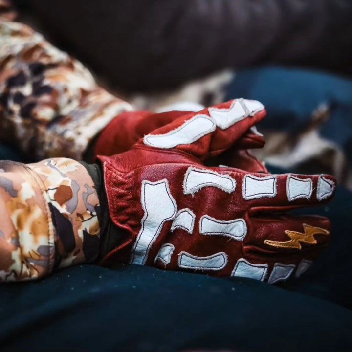 Red Skeleton Buffalo Leather Gloves with lightning