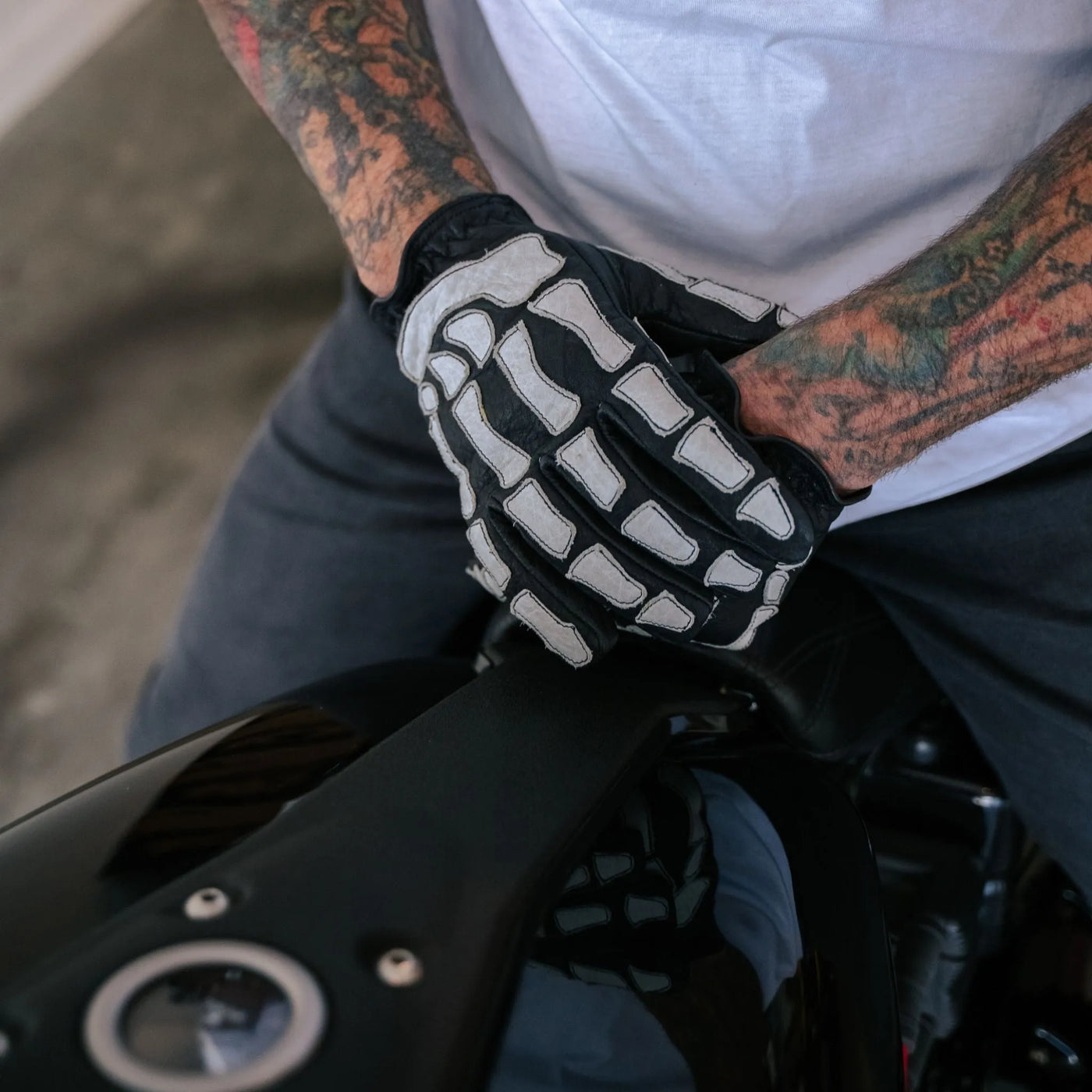 Skeleton Leather Motorcycle Glove - Black-White