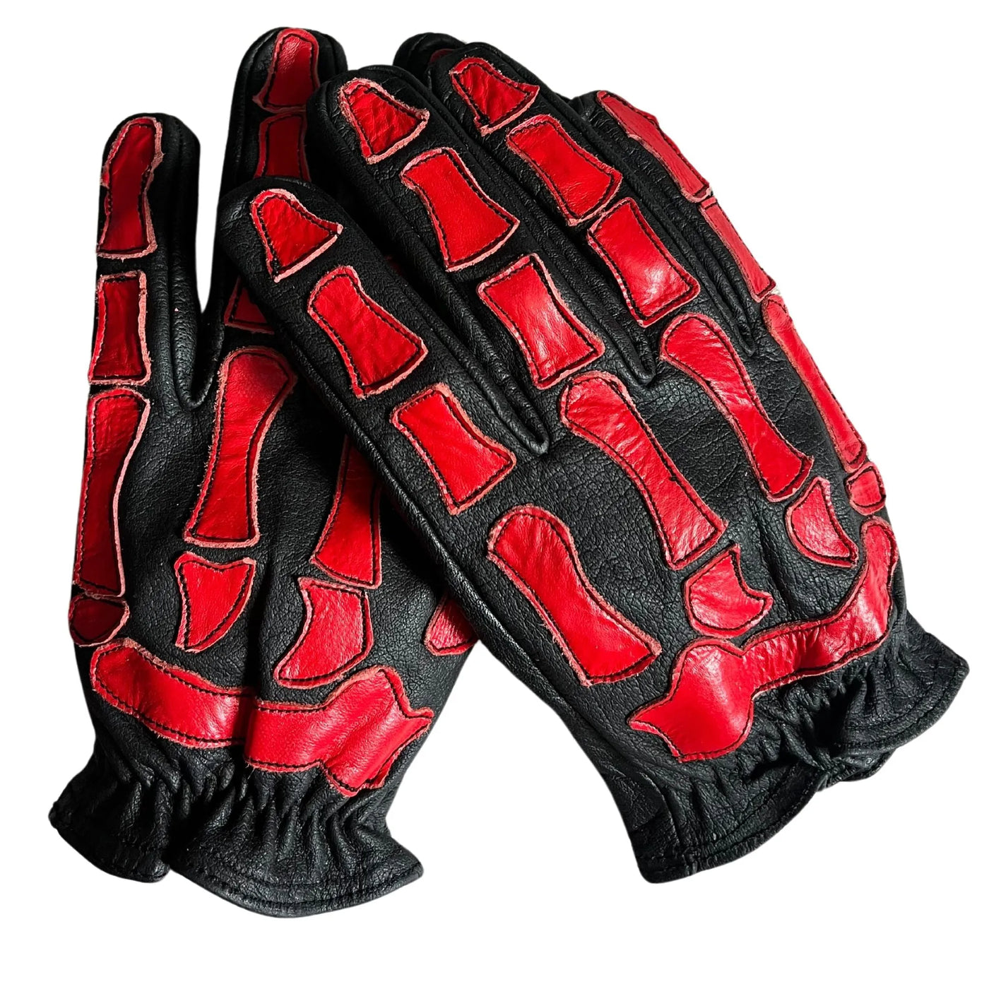 Skeleton Leather Motorcycle Gloves - Black and Red, Gloves