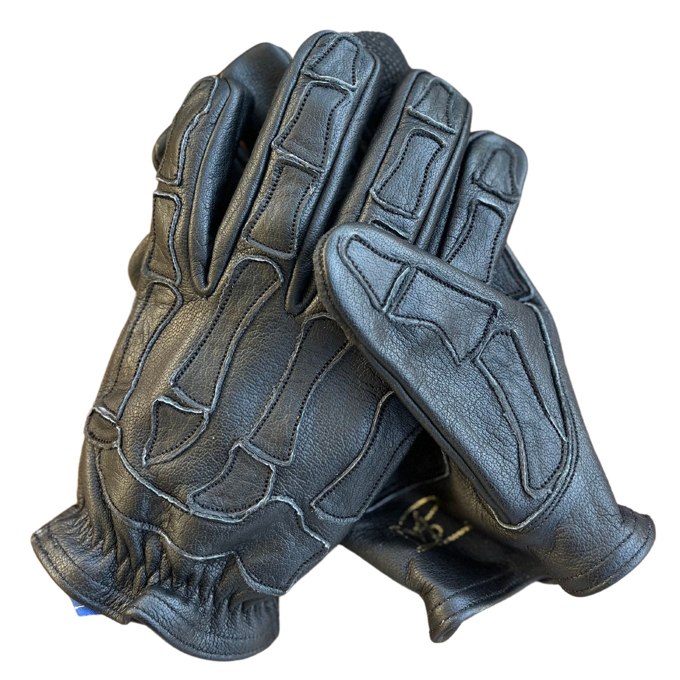 Skeleton Leather Motorcycle Glove - Black on Black