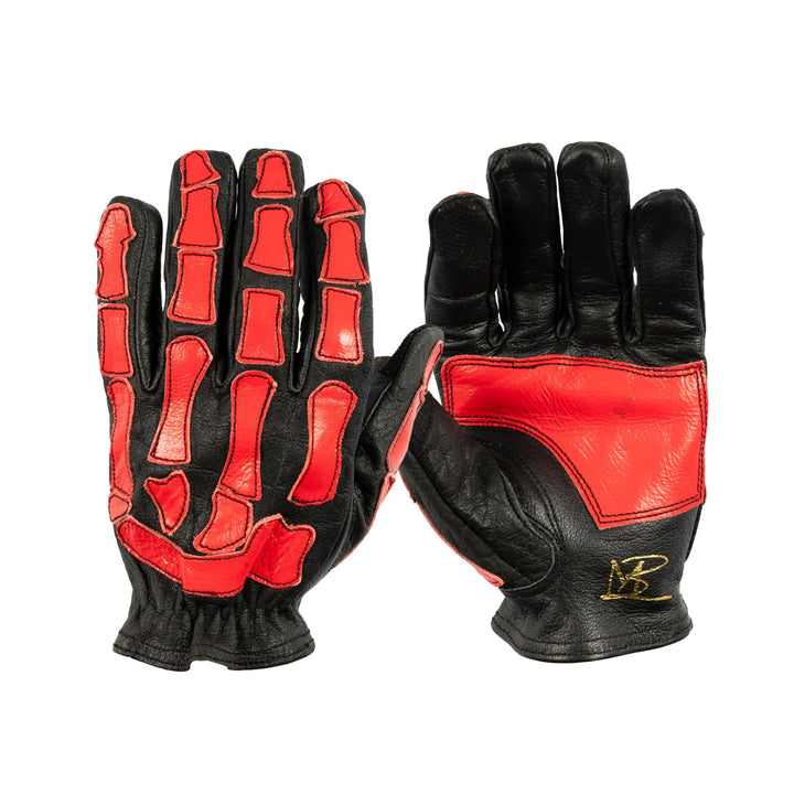 Skeleton Leather Motorcycle Gloves - Black and Red