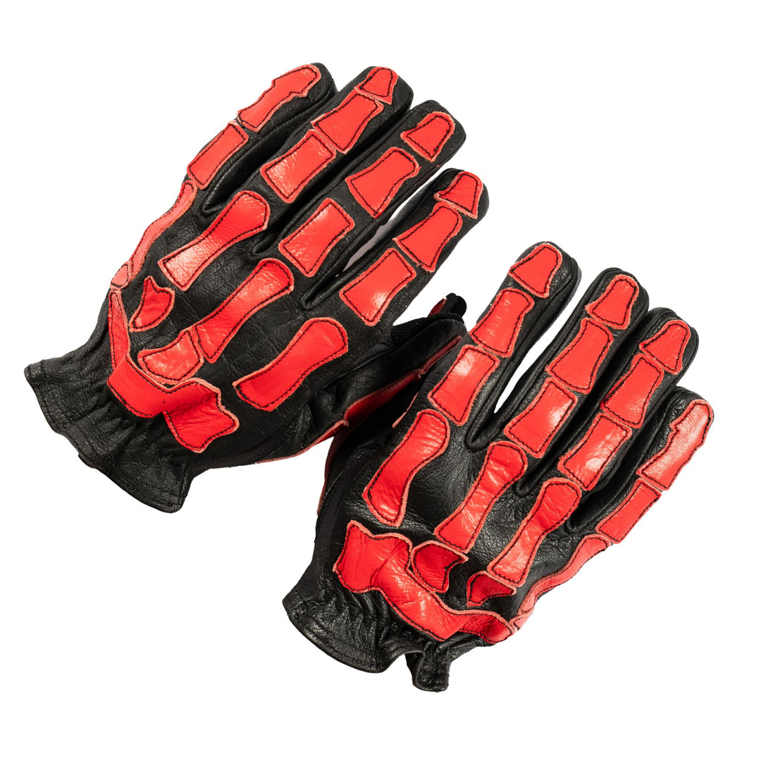 Skeleton Leather Motorcycle Gloves - Black and Red