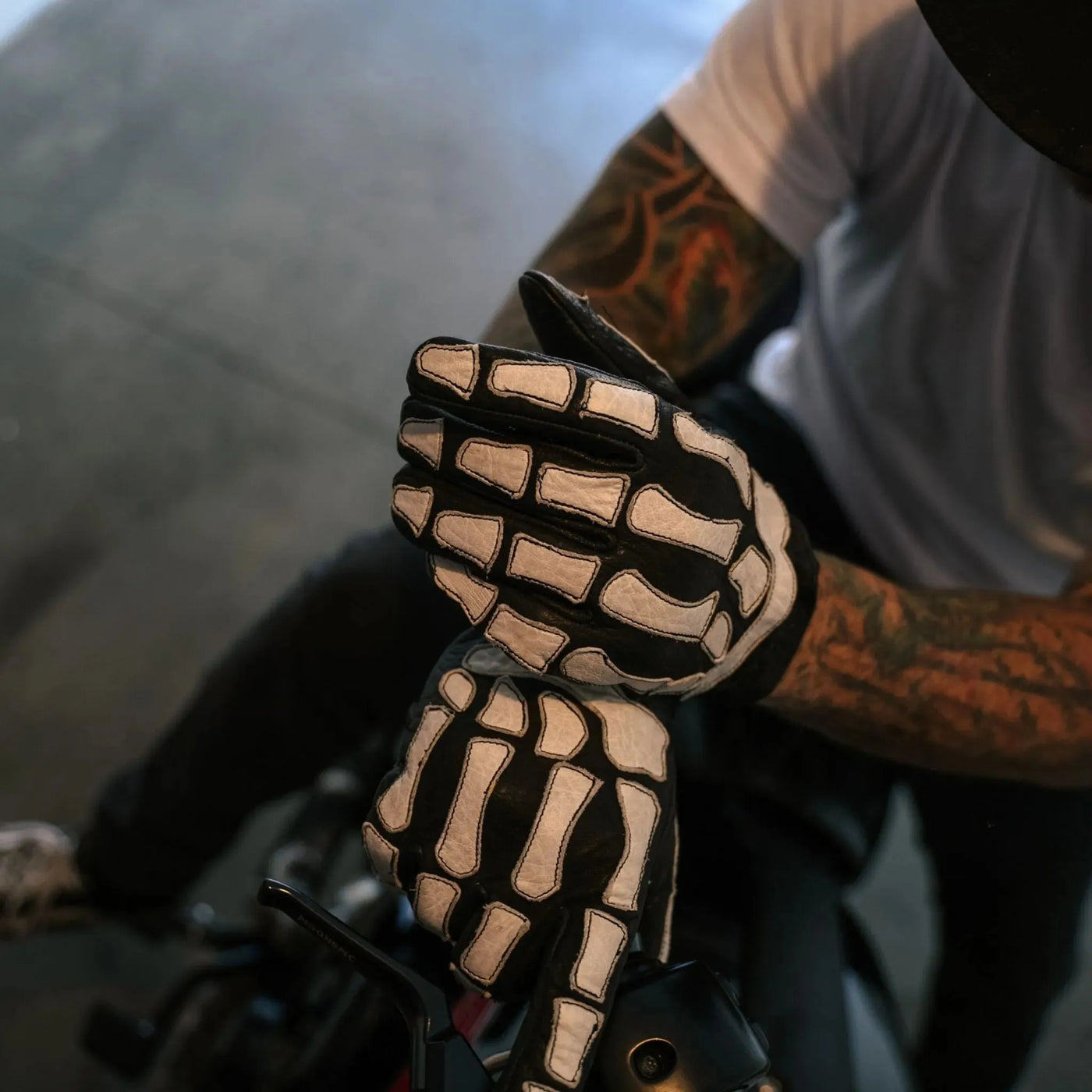 Skeleton Leather Motorcycle Glove - Black-White, Gloves