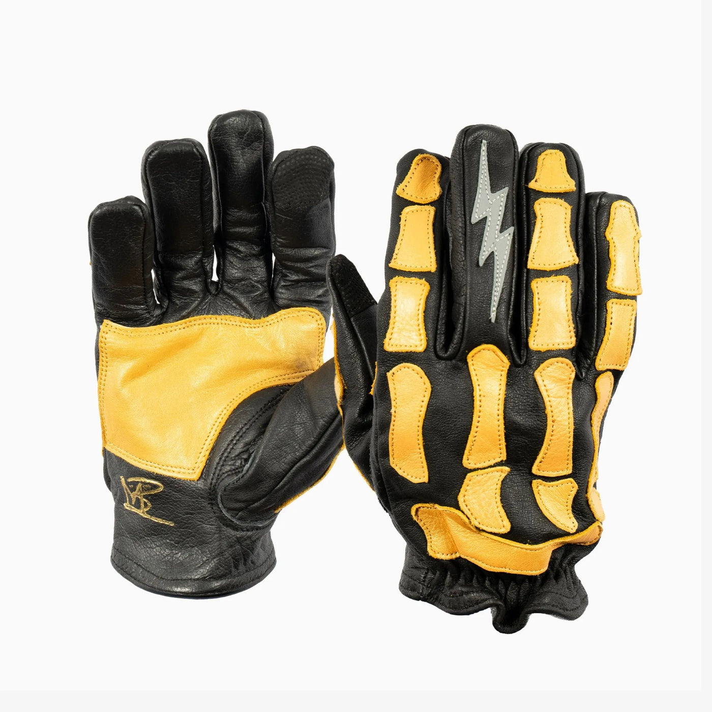 Astrapí (Lightning) Skeleton Leather Motorcycle Glove - Black-GOLD, Gloves