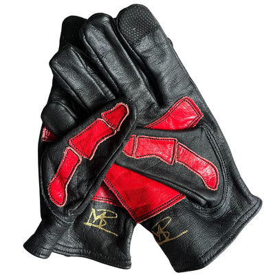 Skeleton Leather Motorcycle Gloves - Black and Red