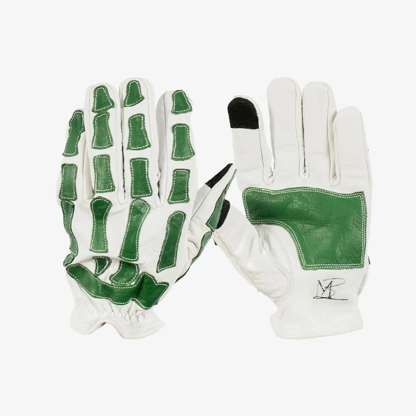 Skeleton Leather Motorcycle Glove - White & Green, Gloves