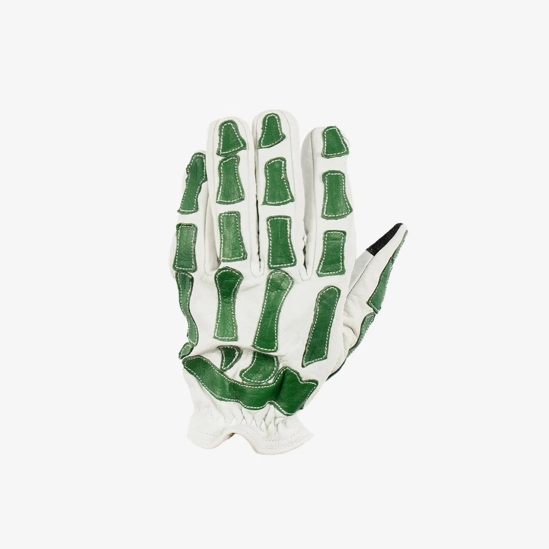 Skeleton Leather Motorcycle Glove - White & Green, Gloves