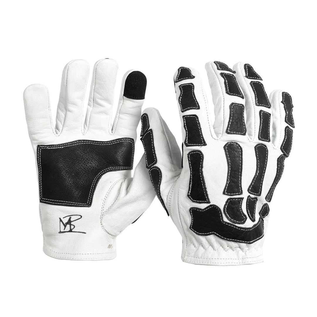 Skeleton Leather Motorcycle Gloves - White-Black