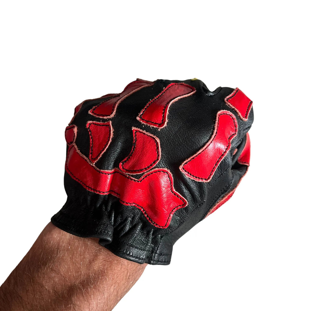 Skeleton Leather Motorcycle Gloves - Black and Red, Gloves