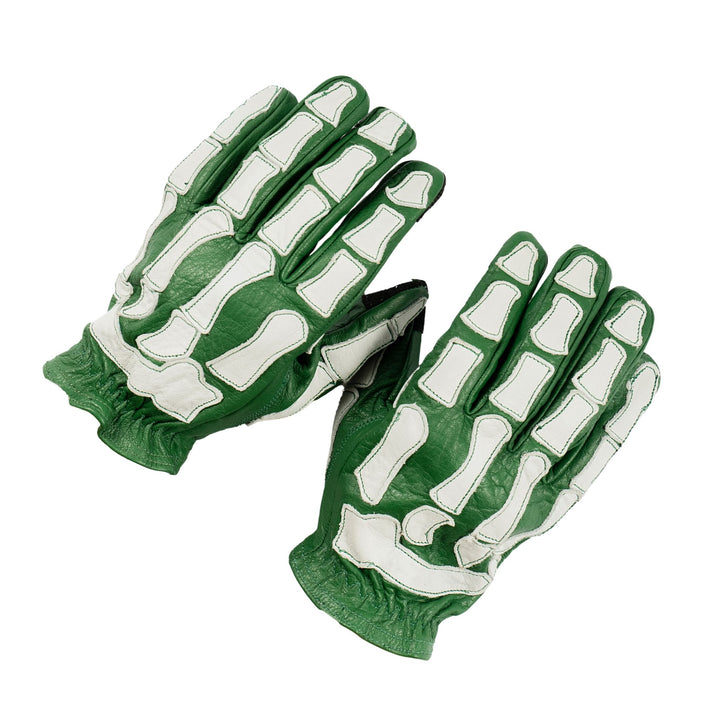 Leather Motorcycle Glove - Buffalo Hide - Skeleton Design - Green & White