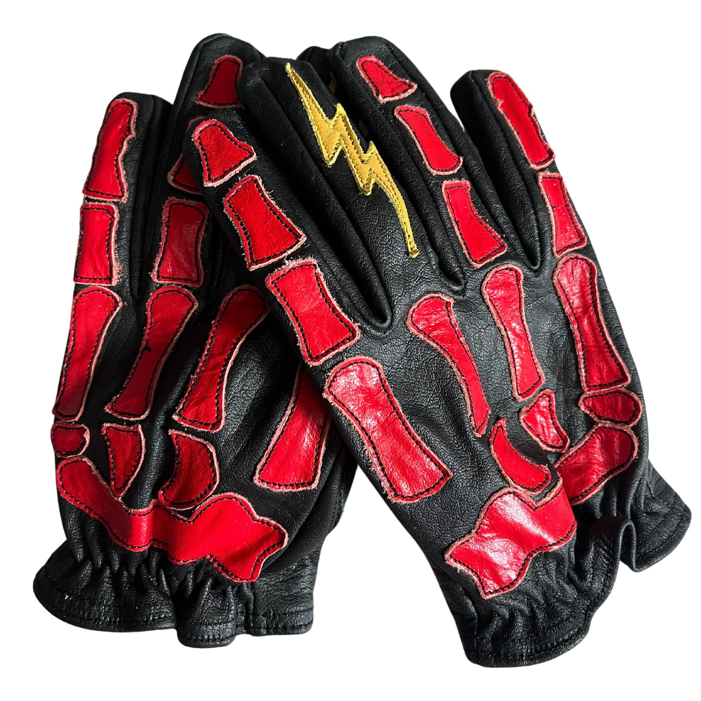 Astrapí (Lightning) Skeleton Leather Motorcycle Glove - Black-RED