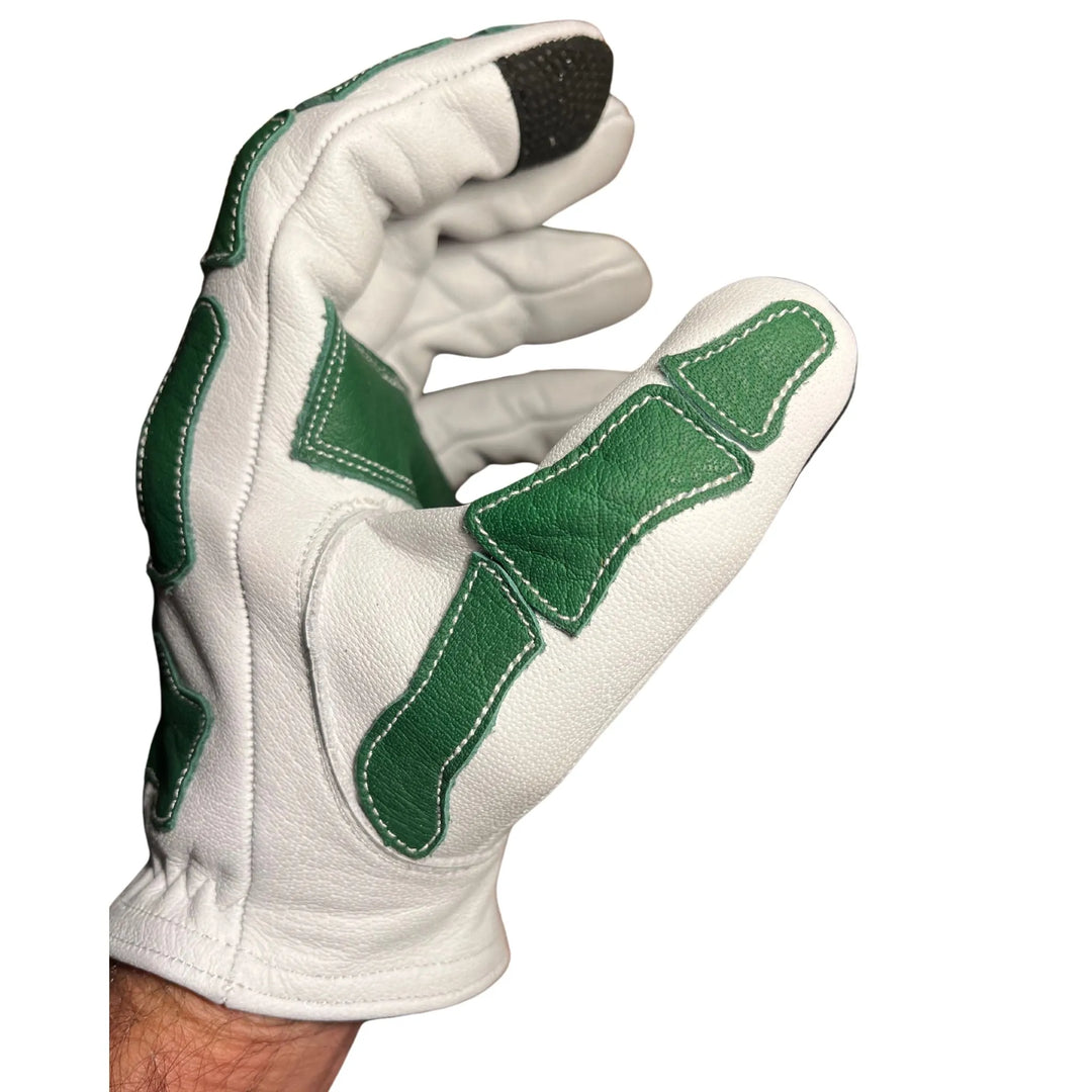 Skeleton Leather Motorcycle Glove - White & Green, Gloves