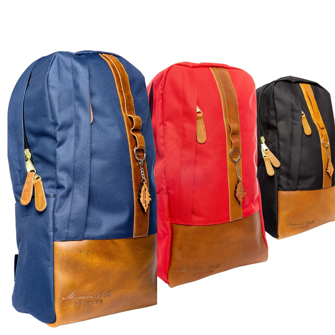 Maroon Bell blue, red and black weekender backpacks