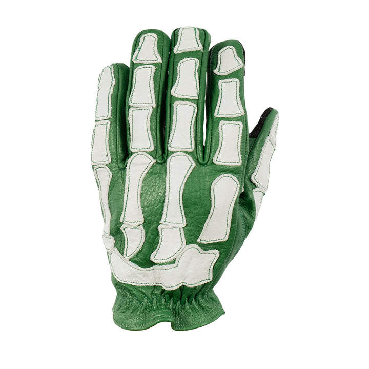 Leather Motorcycle Glove - Buffalo Hide - Skeleton Design - Green & White