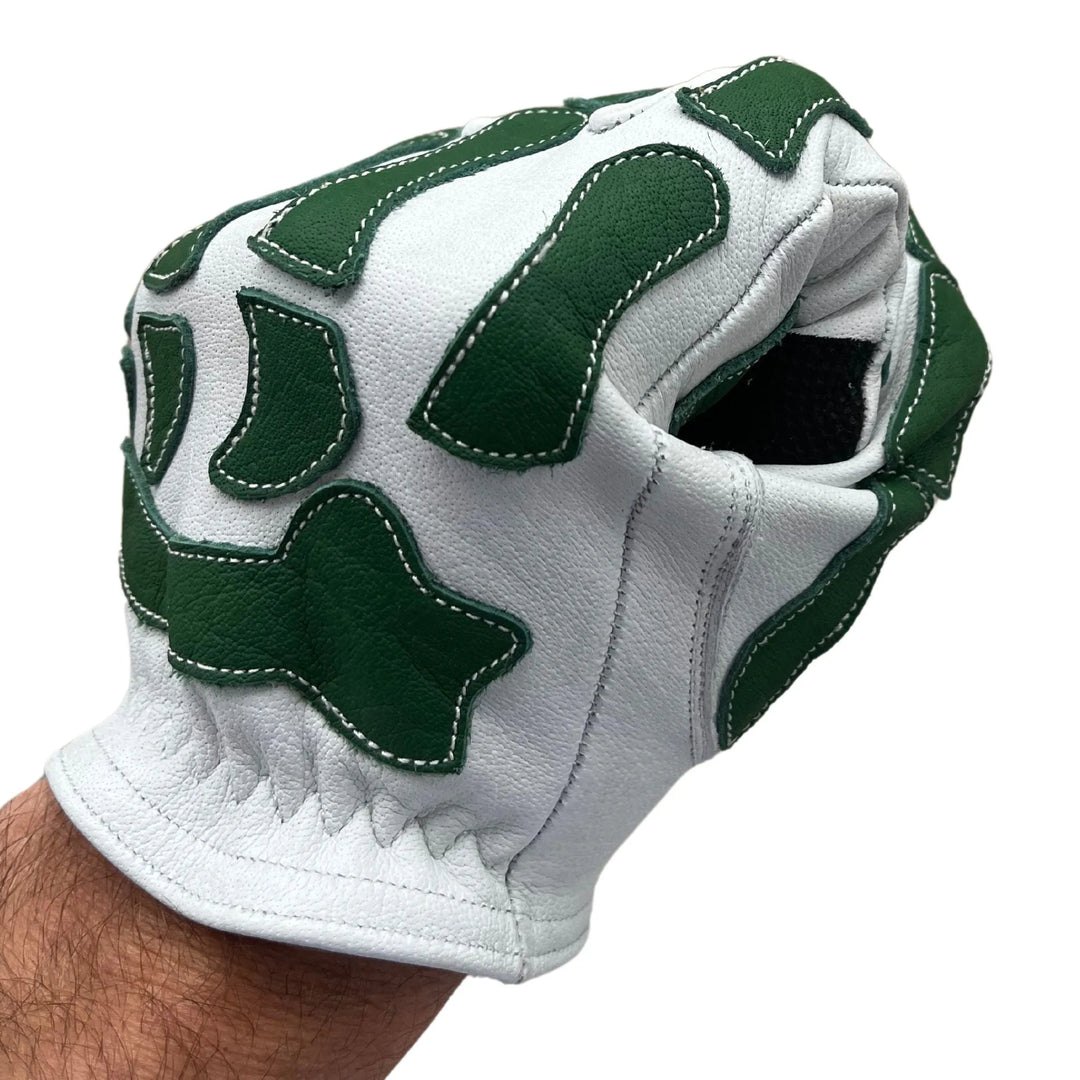 Skeleton Leather Motorcycle Glove - White & Green, Gloves