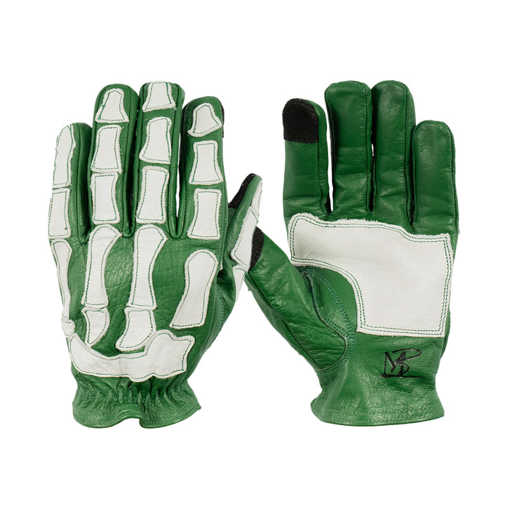 Leather Motorcycle Glove - Buffalo Hide - Skeleton Design - Green & White