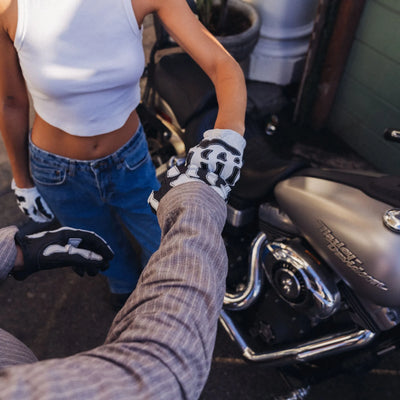 Skeleton Leather Motorcycle Gloves - White-Black, Gloves