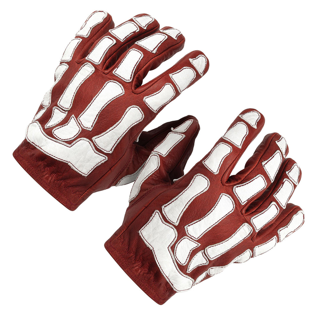 Skeleton Leather Motorcycle Gloves - Red-White